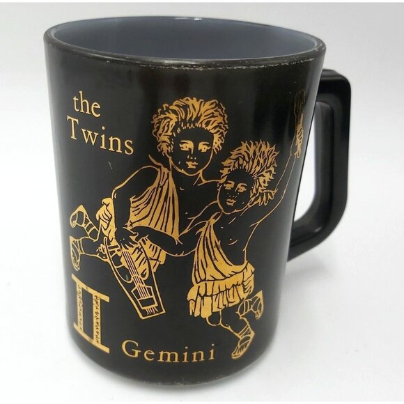Federal Glass Zodiac Mug-Black and Gold-Milk Glass-1970s-Gemini the Twins - Picture 1 of 3